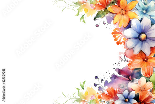 captivating watercolor border frame with different flowers and plants  isolated against transparent background