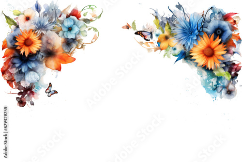 captivating watercolor border frame with different flowers and plants  isolated against transparent background