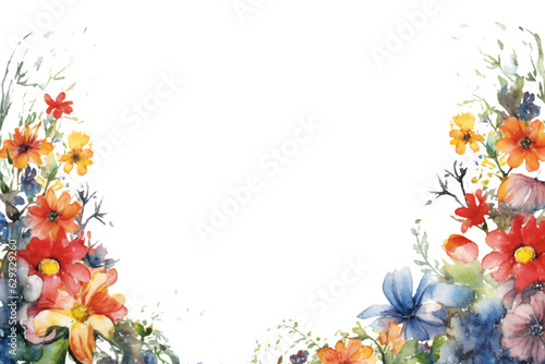 captivating watercolor border frame with different flowers and plants  isolated against transparent background