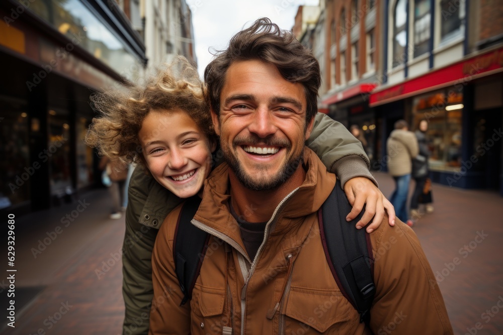 Smiling man piggybacking boyfriend in city Smiling man piggybacking boyfriend in city