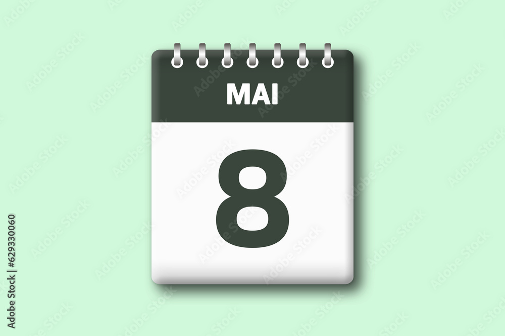 8. Mai - Die Kalender Illustration zeigt ein Kalenderblatt auf gr?nem Hintergrund. Achter Tag vom Monat Mai 8. Mai - Die Kalender Illustration zeigt ein Kalenderblatt auf gr?nem Hintergrund. Achter Tag vom Monat Mai