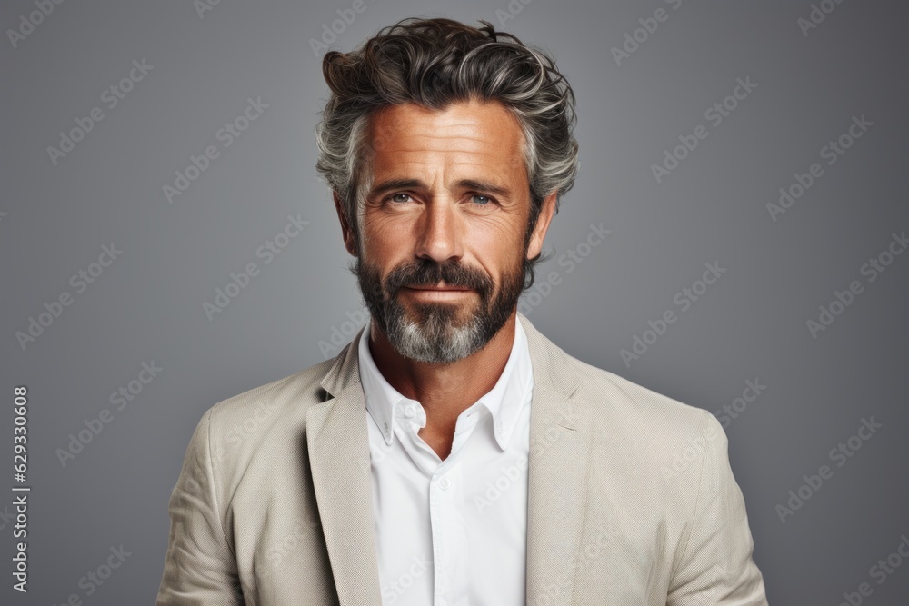 Obraz premium Portrait of smiling mature man standing on white background