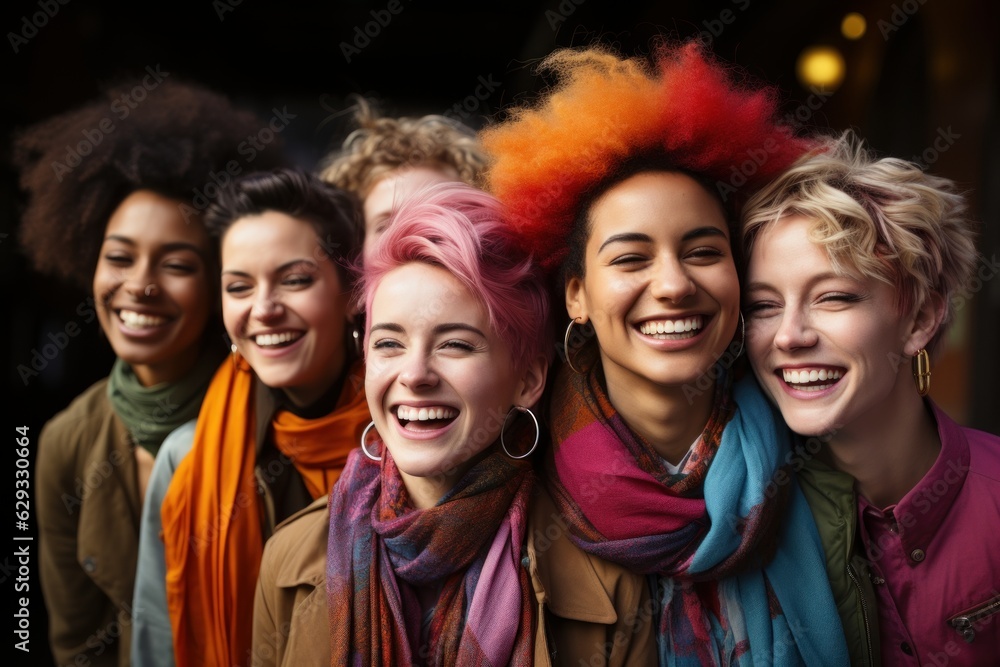 Fototapeta premium Portrait of six LGBTQIA queer people laughing together for pride month