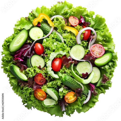 Fotografia Green salad with fresh vegetables, top view isolated on transparent background c