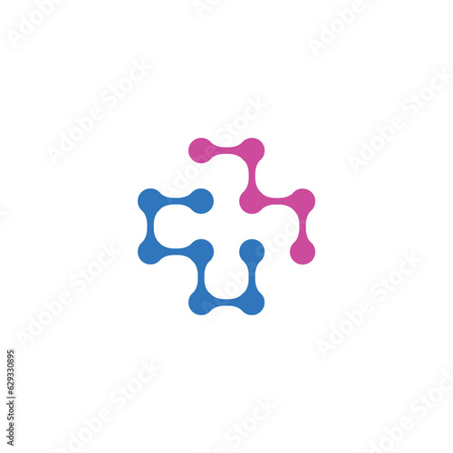 Plus sign and letter M made of molecules. vector symbol