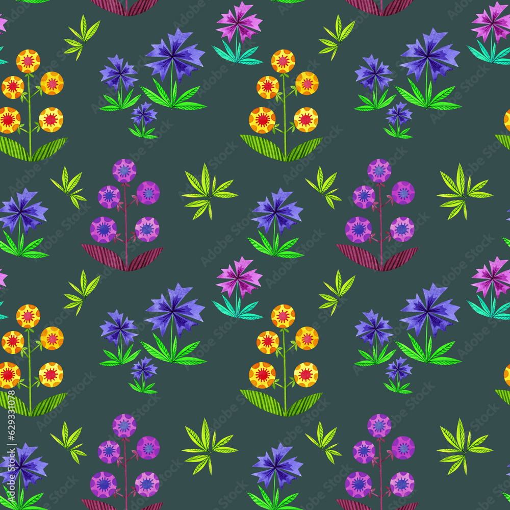 Bright summer floral pattern. Watercolor illustration, drawing for fabric.