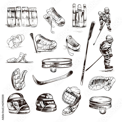 Hockey elements set vector illustration
