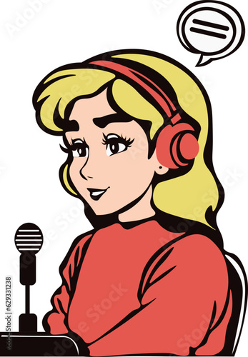 Long haired woman doing a podcast