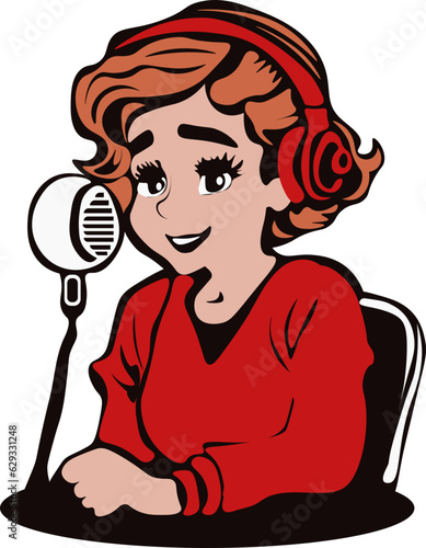 Happy woman working on a podcast