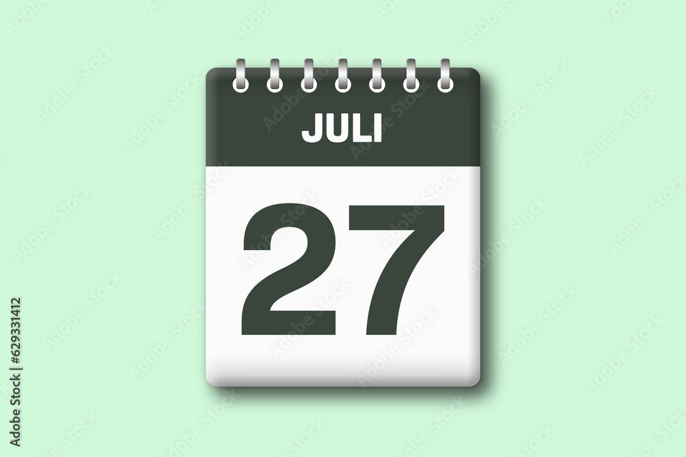 27. Juli - Die Kalender Illustration zeigt ein Kalenderblatt auf gr?nem Hintergrund. Siebenundzwanzigster Tag vom Monat Juli 27. Juli - Die Kalender Illustration zeigt ein Kalenderblatt auf gr?nem Hintergrund. Siebenundzwanzigster Tag vom Monat Juli