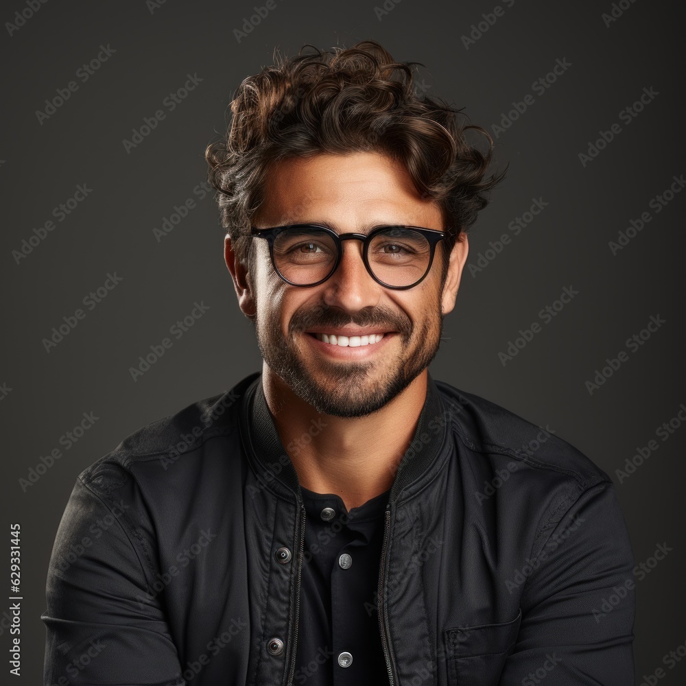 Latin hipster guy wearing glasses with his arms crossed and smiling on a white background Latin hipster guy wearing glasses with his arms crossed and smiling on a white background