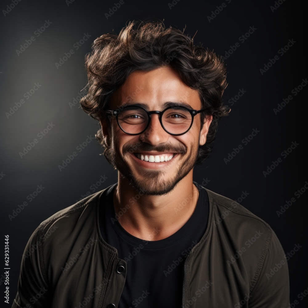 Latin hipster guy wearing glasses with his arms crossed and smiling on a white background Latin hipster guy wearing glasses with his arms crossed and smiling on a white background
