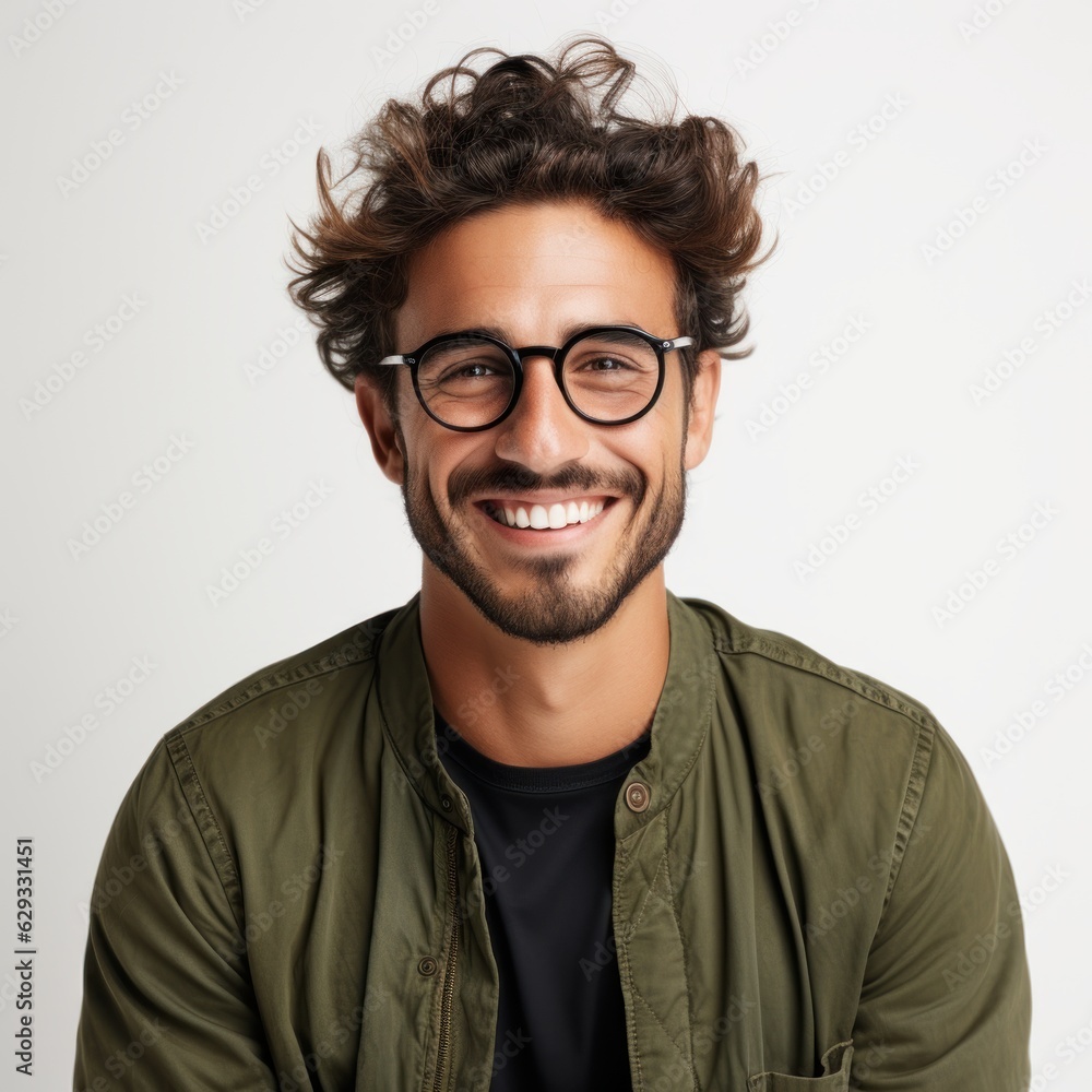 Latin hipster guy wearing glasses with his arms crossed and smiling on a white background Latin hipster guy wearing glasses with his arms crossed and smiling on a white background