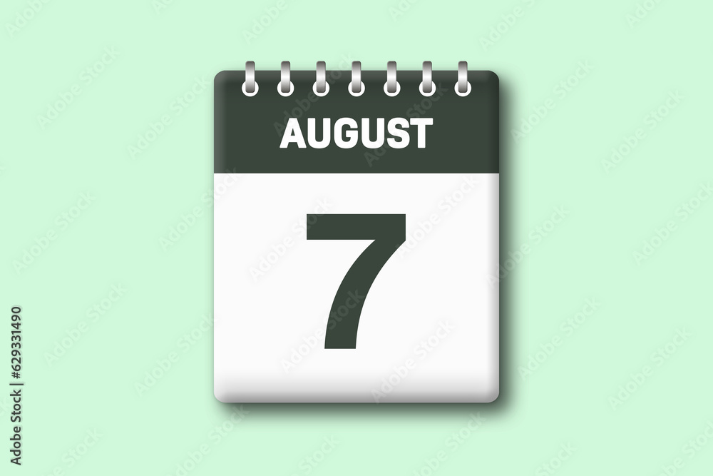Fototapeta premium 7. August - Die Kalender Illustration zeigt ein Kalenderblatt auf gr?nem Hintergrund. Siebter Tag vom Monat August