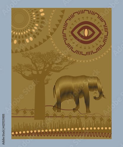African patterns with elephant silhouette, dark yellow background. Vector illustration
