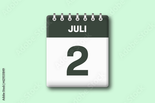 2. Juli - Die Kalender Illustration zeigt ein Kalenderblatt auf gr?nem Hintergrund. Zweiter Tag vom Monat Juli