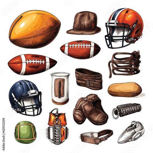 Collection of hand drawn American football items, Rugby elements
