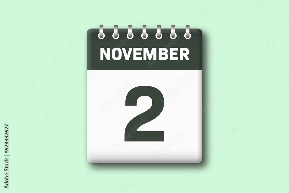 2. November - Die Kalender Illustration zeigt ein Kalenderblatt auf gr?nem Hintergrund. Zweiter Tag vom Monat November 2. November - Die Kalender Illustration zeigt ein Kalenderblatt auf gr?nem Hintergrund. Zweiter Tag vom Monat November
