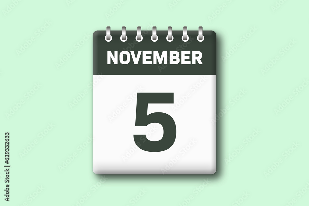 5. November - Die Kalender Illustration zeigt ein Kalenderblatt auf gr?nem Hintergrund. F?nfter Tag vom Monat November 5. November - Die Kalender Illustration zeigt ein Kalenderblatt auf gr?nem Hintergrund. F?nfter Tag vom Monat November