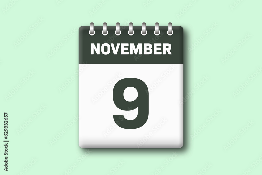 9. November - Die Kalender Illustration zeigt ein Kalenderblatt auf gr?nem Hintergrund. Neunter Tag vom Monat November 9. November - Die Kalender Illustration zeigt ein Kalenderblatt auf gr?nem Hintergrund. Neunter Tag vom Monat November