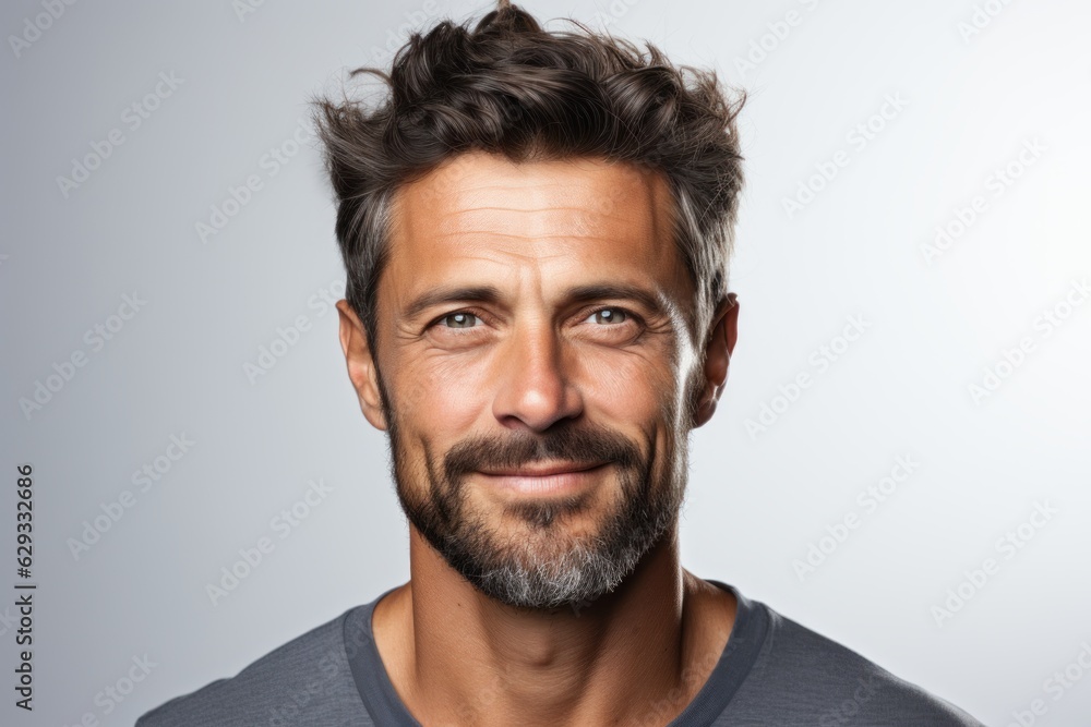 Closeup portrait of smiling man 30s having bristle looking at camera isolated over white background Closeup portrait of smiling man 30s having bristle looking at camera isolated over white background
