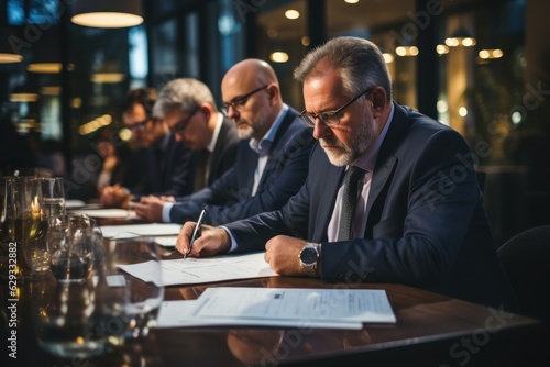 Business people discussing documents and ideas at meeting