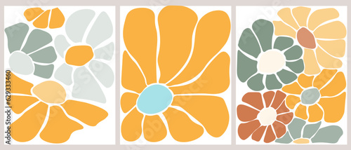 A set of abstract posters with flowers. Contemporary daisies with simple petals. Summer natural print. Vector graphics.