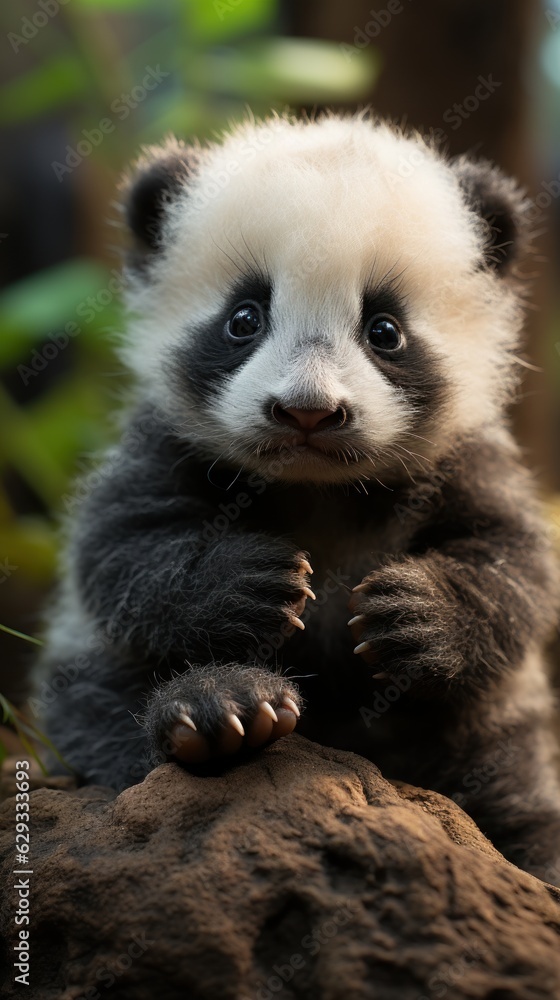 A tiny, cute baby panda sitting on the tip of the finger A tiny, cute baby panda sitting on the tip of the finger