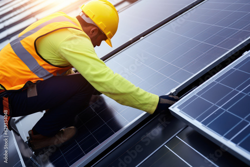 a man installing solar panels on top of a building photo