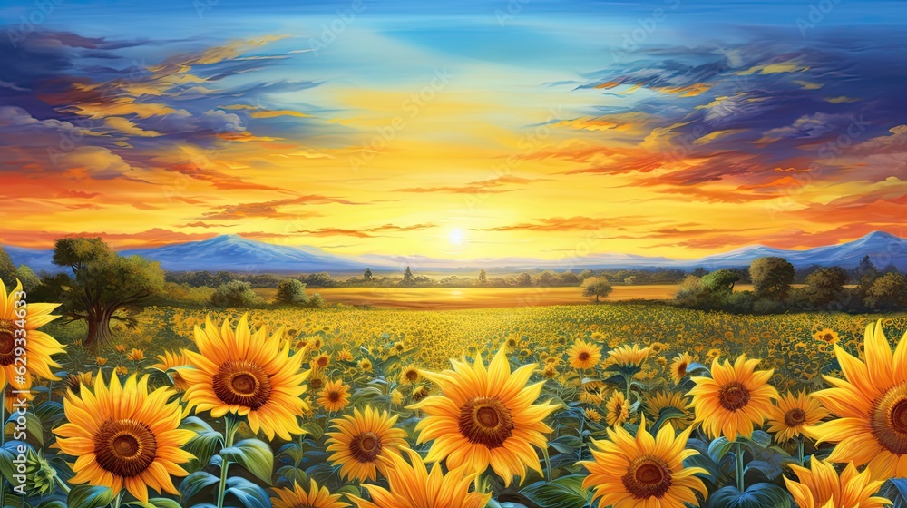 Fototapeta premium Golden&nbsp;sunflower&nbsp;field. Blossom sunflowers landscape. Hand Paint summer floral Impressionist style. Modern art. AI illustration for book covers, posters, banners and flyers.
