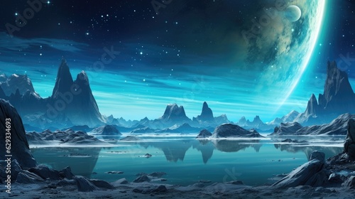 Alien Planet - Fantasy space Landscape. Surreal Cosmic background. Digital art. AI illustration..