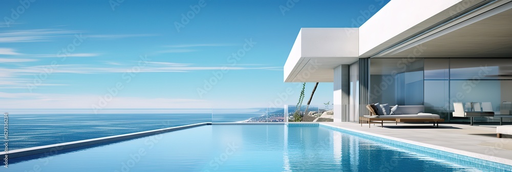  banner summer luxury estate villa with large swimming pool, Luxury modern estate property on hill with stunning sea view, Summer vacation, tourism, copyspace, generative ai - obrazy, fototapety, plakaty 