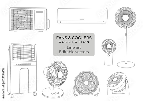 Set of hand drawn editable vector line art illustrations of fans and coolers and air conditioning 