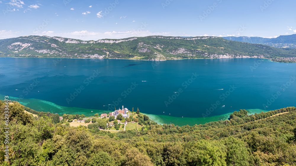 Panoramic view of the Lac du Bourget from the Belvédère d'Ontex (Ontex belvedere) on the heights of the Hautecombe Abbey in the Savoie department, south-eastern France.