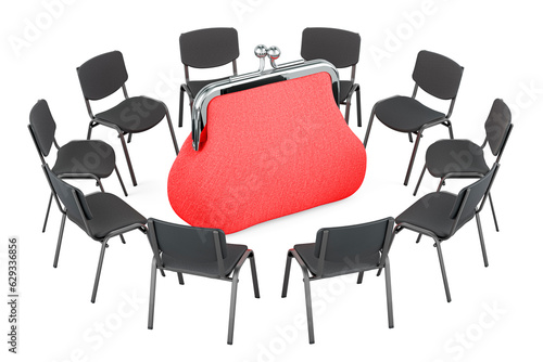 Financial training concept. Chairs in a circle with coin purse, 3D rendering