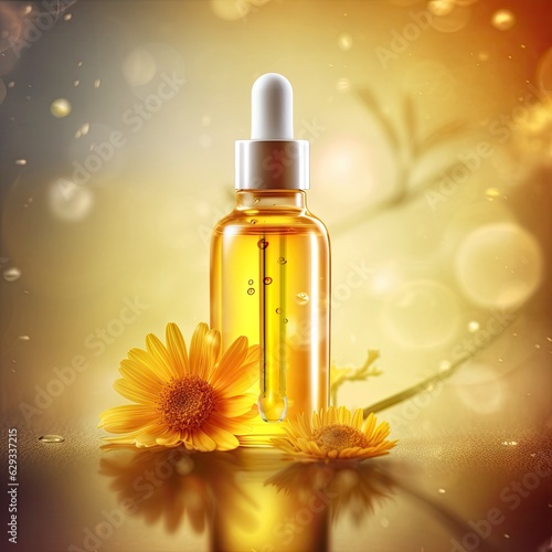Graceful luxury cosmetic calendula extract face serum ad template.Face skin oil with calendula extract. Realistic face moisture serum transparent bottle mock up with pipettes dispenser and liquid