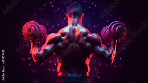 Foto Strong bodybuilder with dumbbells showing biceps, muscular man in neon colors
