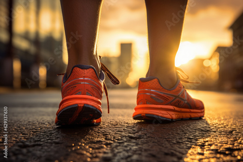 Realistic shot of the close-up view of the running sneakers worn by a runner on a city street. athletic footwear, fitness or running