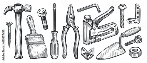 Working tools collection. Repair and construction supplies set. Sketch vintage vector illustration