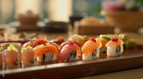 Japanese Cuisine: Assortment of Nigiri – Freshly Sliced Raw Fish 