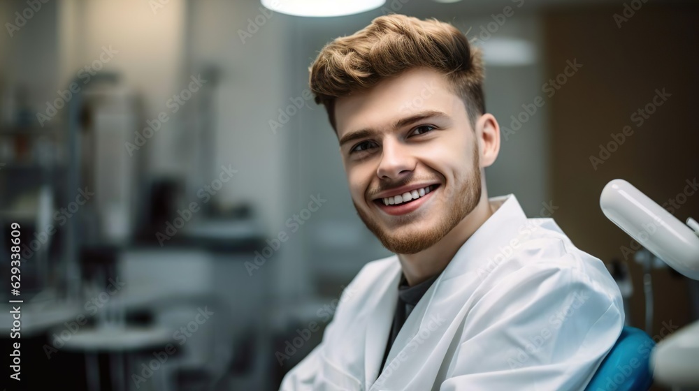 Handsome smiling male dentist posing at his dental clinic. Medicine dentistry people. Health teeth. Generative Ai technology. Handsome smiling male dentist posing at his dental clinic. Medicine dentistry people. Health teeth. Generative Ai technology.