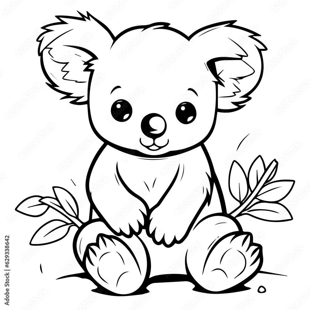 Fototapeta premium Cute Australian Koala Bear, Black and white outline illustration