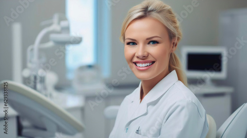 Professional smiling female dentist at her dental clinic. Medicine dentistry people. Health teeth. Generative Ai technology.