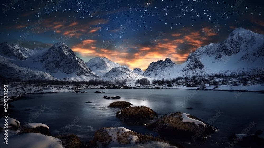 Obraz premium starry night, landscape view from the north pole, mountain and lakes