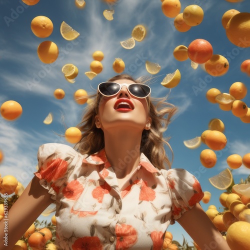 Happy, beautiful girl with sunglasses, enjoying nature. Fruit flies around her. The concept of summer, enjoyment and relaxation. Illustration. Generative Al. © mimi