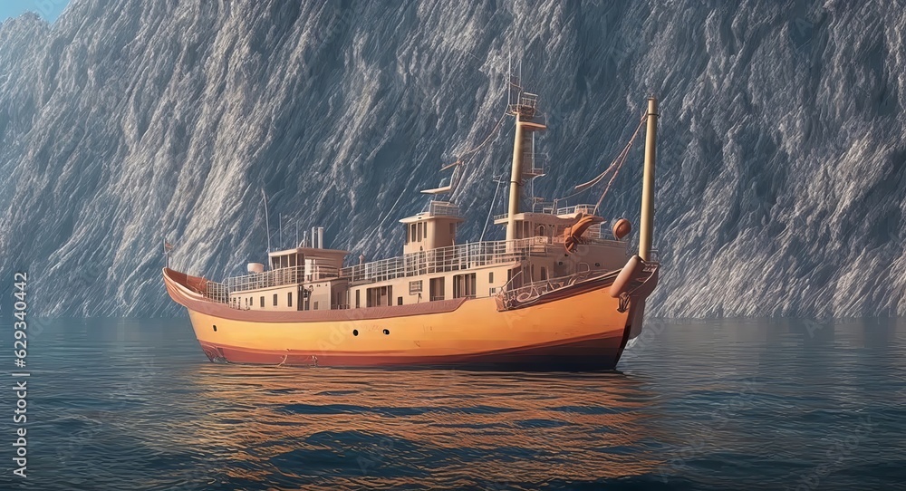 Obraz premium lonely fishing ship in a calm sea realistic. ai generation