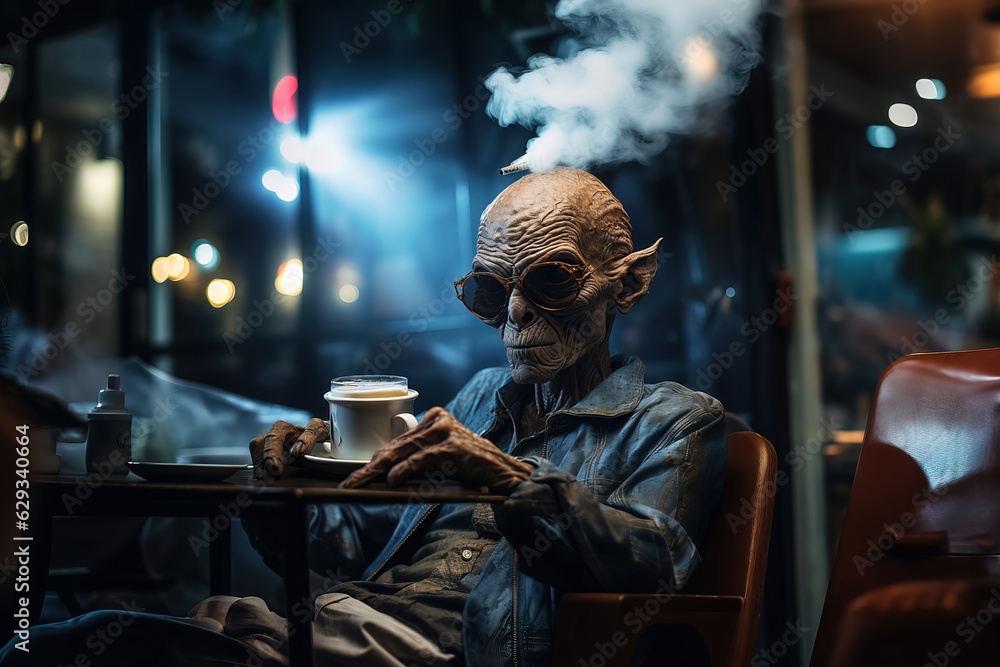 An alien, extraterrestrial, or Martian enjoying coffee at an outdoor bar