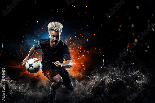 Professional football player in black uniform running with the ball on a black background with colorful flying dirt. Epic