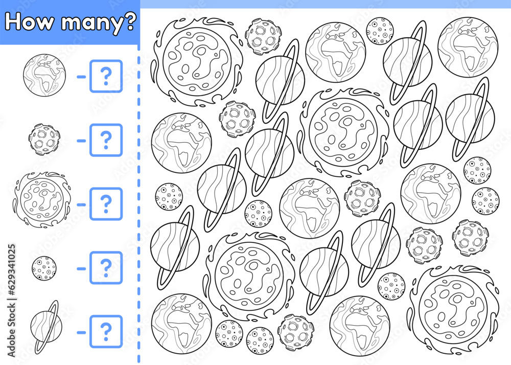 Counting game for kids. Math game on space theme for children. How many planets of solar system. Count cartoon planets Earth, Moon, Uranus, Mercury and star Sun. Vector outline. Page of coloring book. Counting game for kids. Math game on space theme for children. How many planets of solar system. Count cartoon planets Earth, Moon, Uranus, Mercury and star Sun. Vector outline. Page of coloring book.