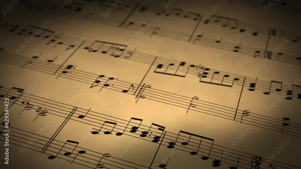 Sheet music flyover with music notes on beige brown Sheet music flyover with music notes on beige brown